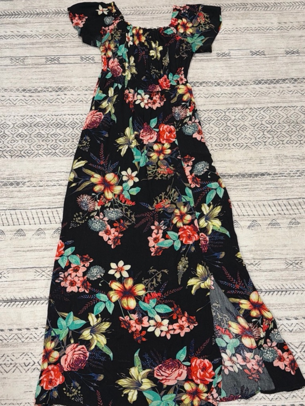 One Clothing Los Angeles Floral Off Shoulder Maxi Dress Tropical M Black Boho